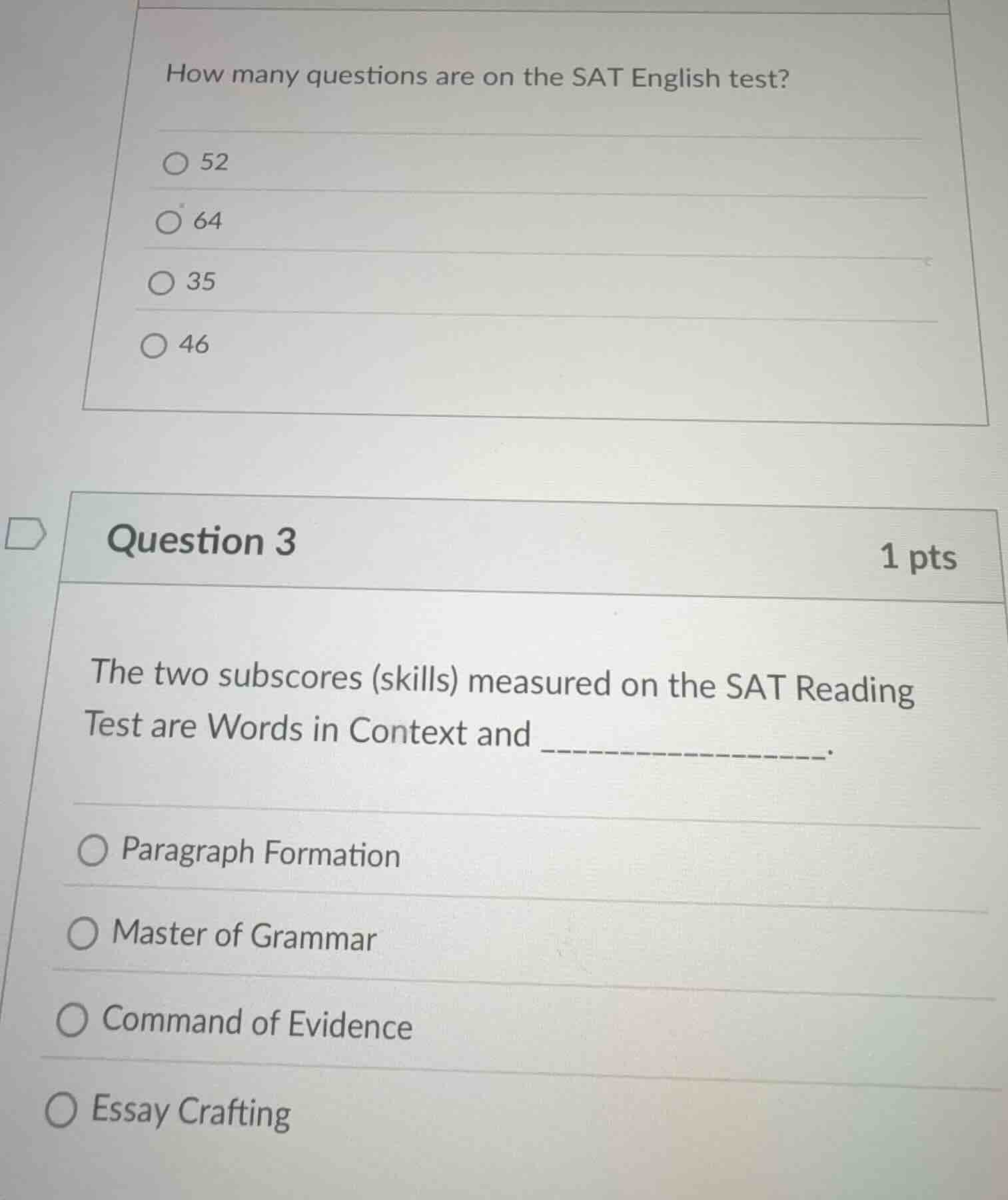 how many questions are on the sat english test? 52 64 35 46 question 3 …