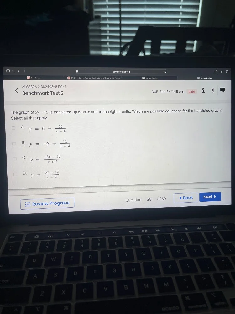 the graph of ( xy = 12 ) is translated up 6 units and to the right 4 un…