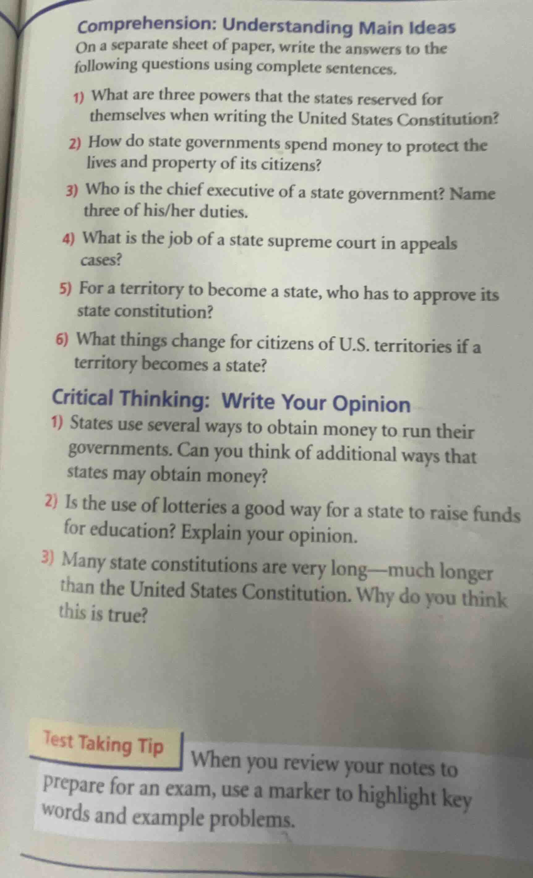 comprehension: understanding main ideas on a separate sheet of paper, w…