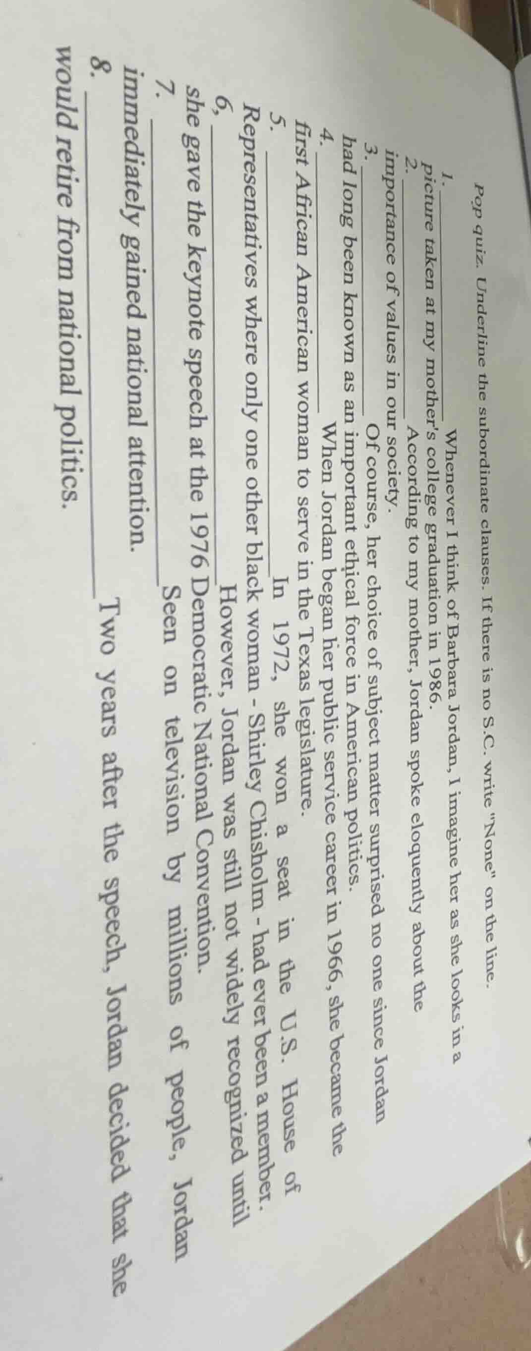 pop quiz. underline the subordinate clauses. if there is no s.c. write …