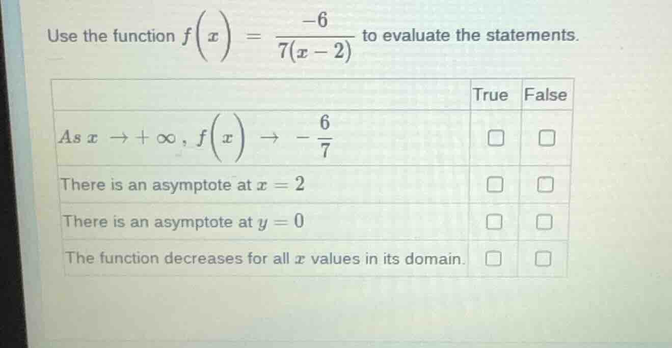 use the function $f\\left( x \ ight) = \\frac{ -6 }{ 7(x - 2) }$ to eva…