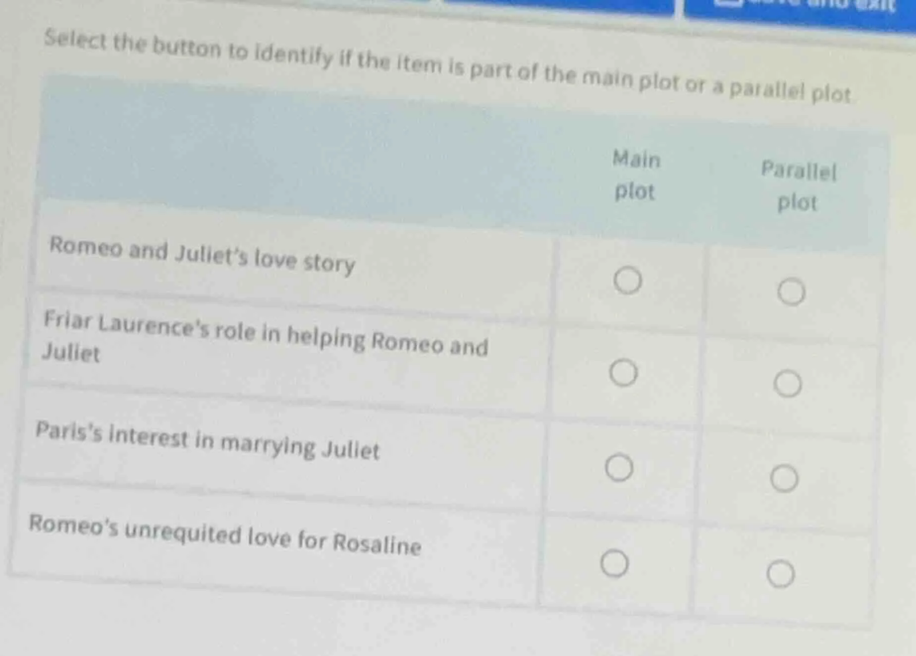 select the button to identify if the item is part of the main plot or a…