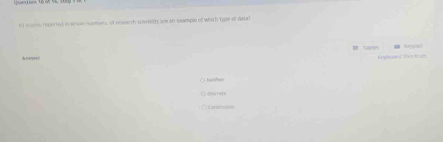 question 10 of 16 step 1 of 1 (a) scores, reported as whole numbers, of…