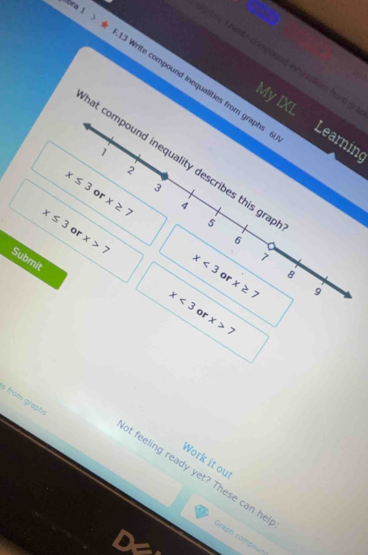 what compound inequality describes this graph? options: x ≤ 3 or x ≥ 7 …