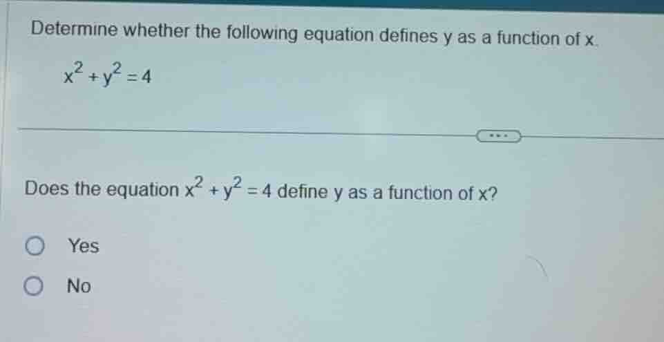determine whether the following equation defines y as a function of x. …