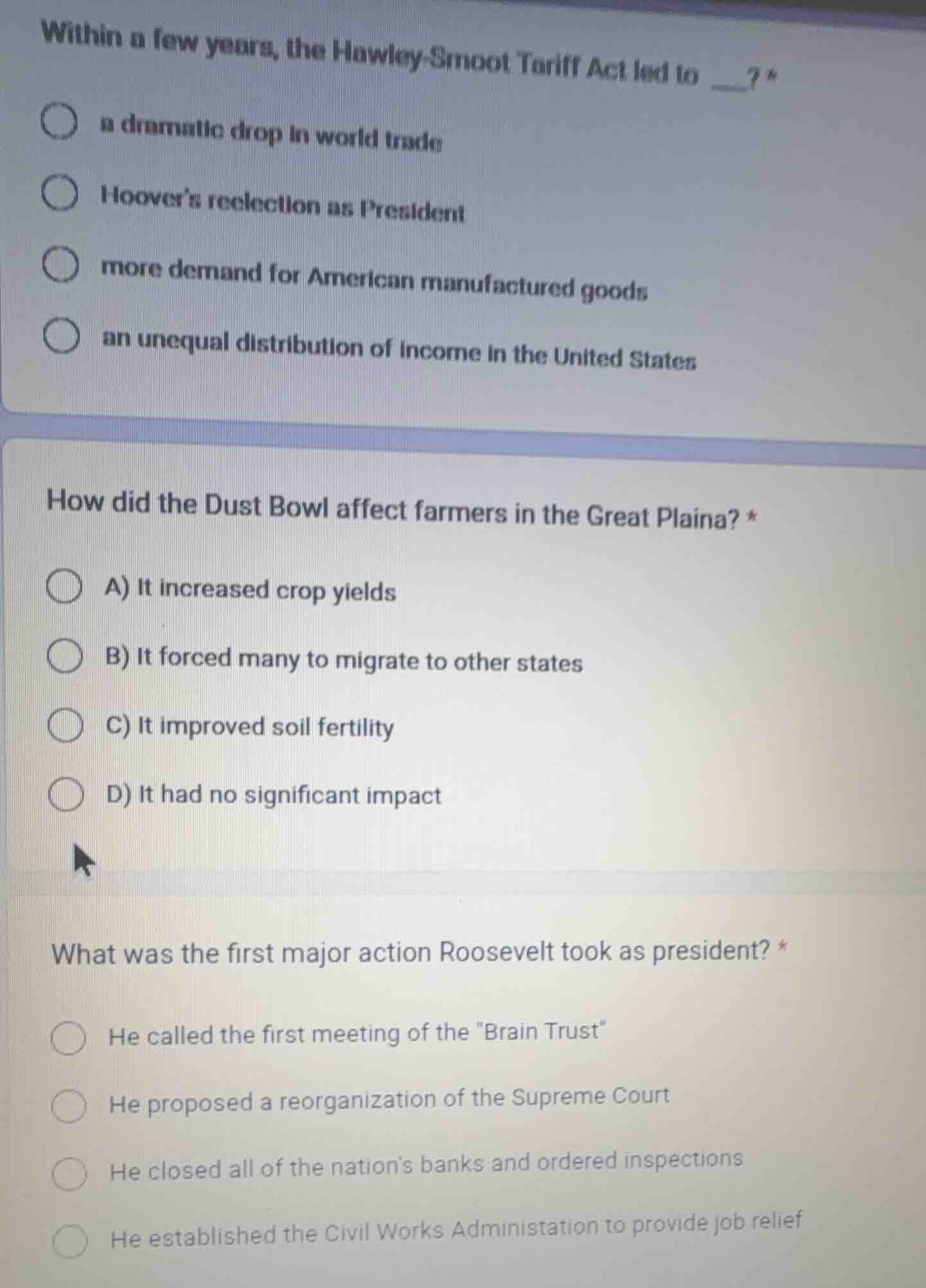 within a few years, the hawley - smoot tariff act led to __? * a dramat…