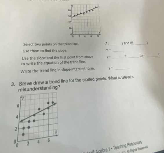 select two points on the trend line. (1, ____ ) and (8, ____ ) use them…