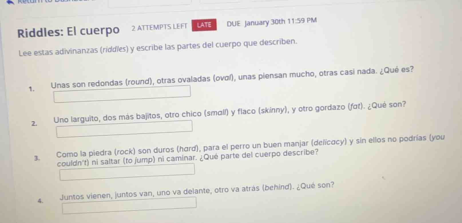 riddles: el cuerpo 2 attempts left late due january 30th 11:59 pm lee e…