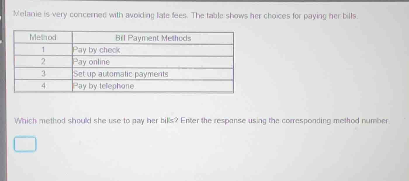 melanie is very concerned with avoiding late fees. the table shows her …
