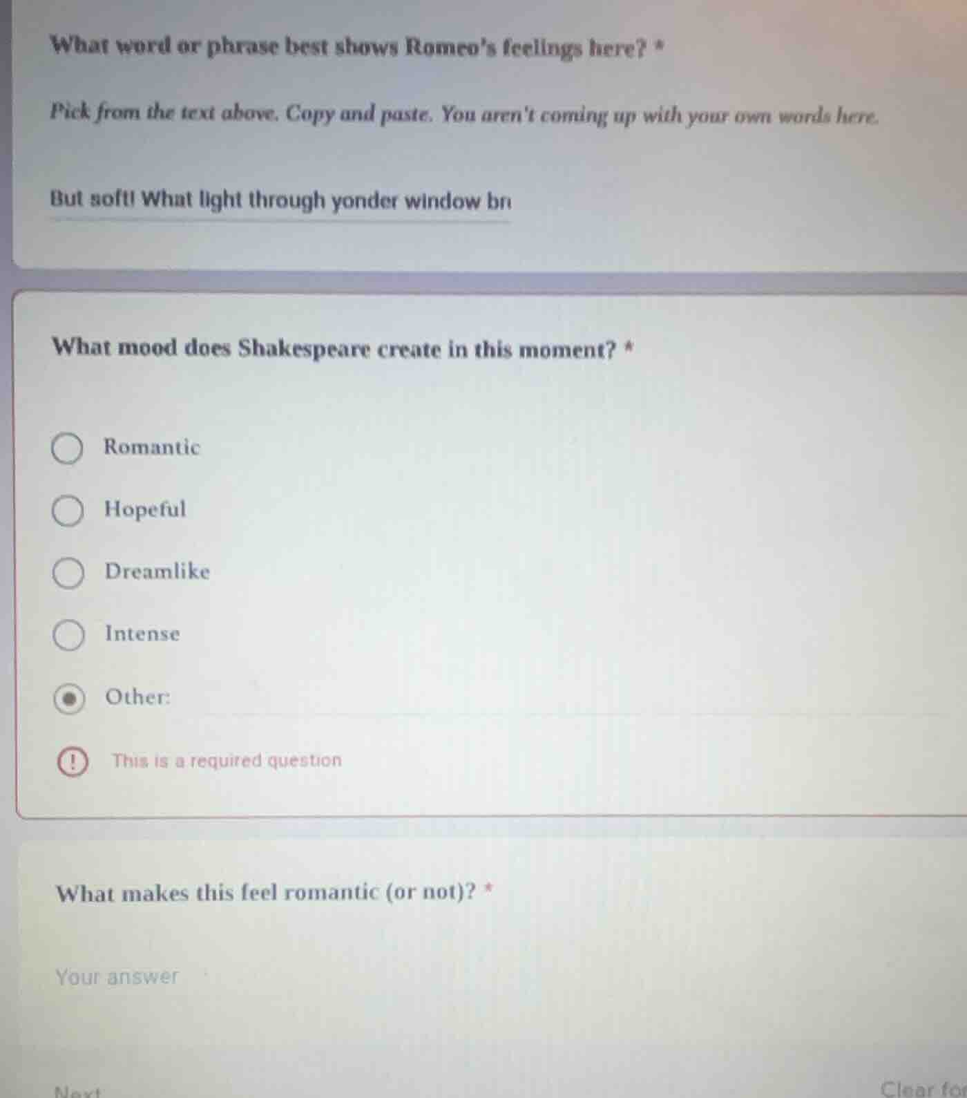 what word or phrase best shows romeos feelings here? * pick from the te…