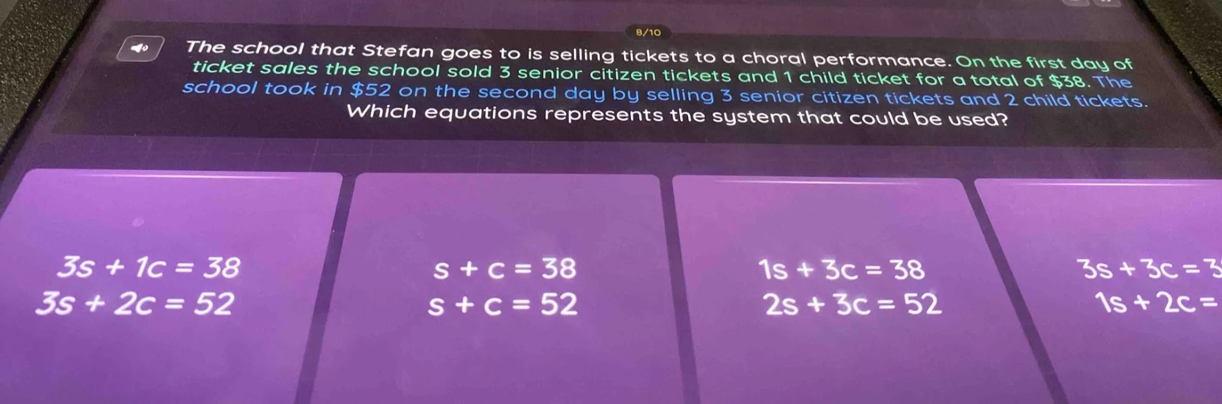 the school that stefan goes to is selling tickets to a choral performan…