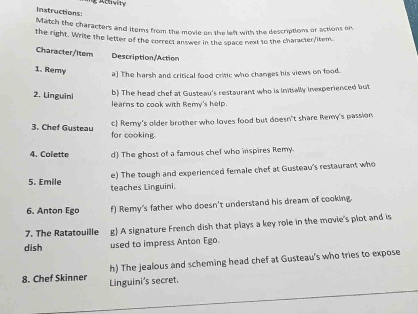 activity instructions: match the characters and items from the movie on…