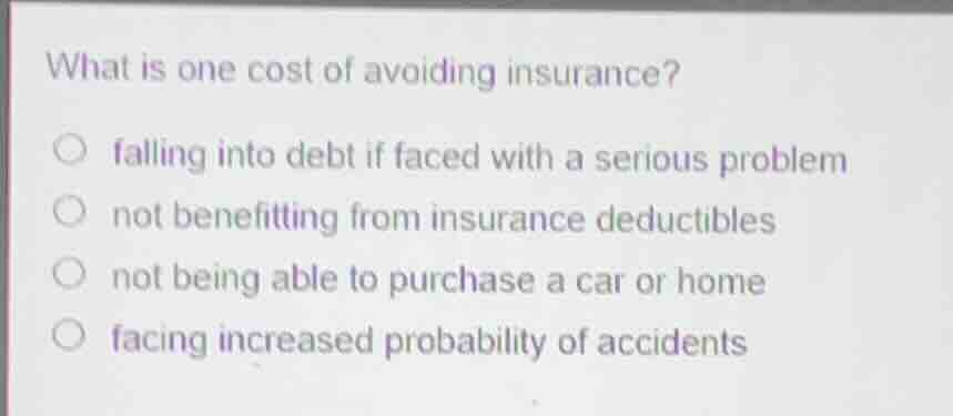 what is one cost of avoiding insurance? ○ falling into debt if faced wi…