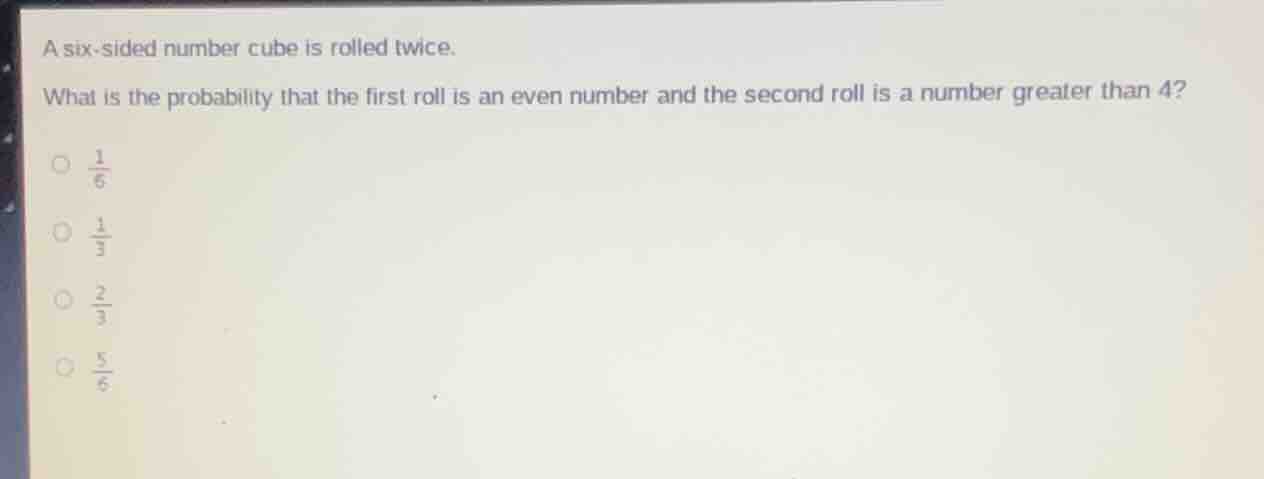 a six - sided number cube is rolled twice. what is the probability that…