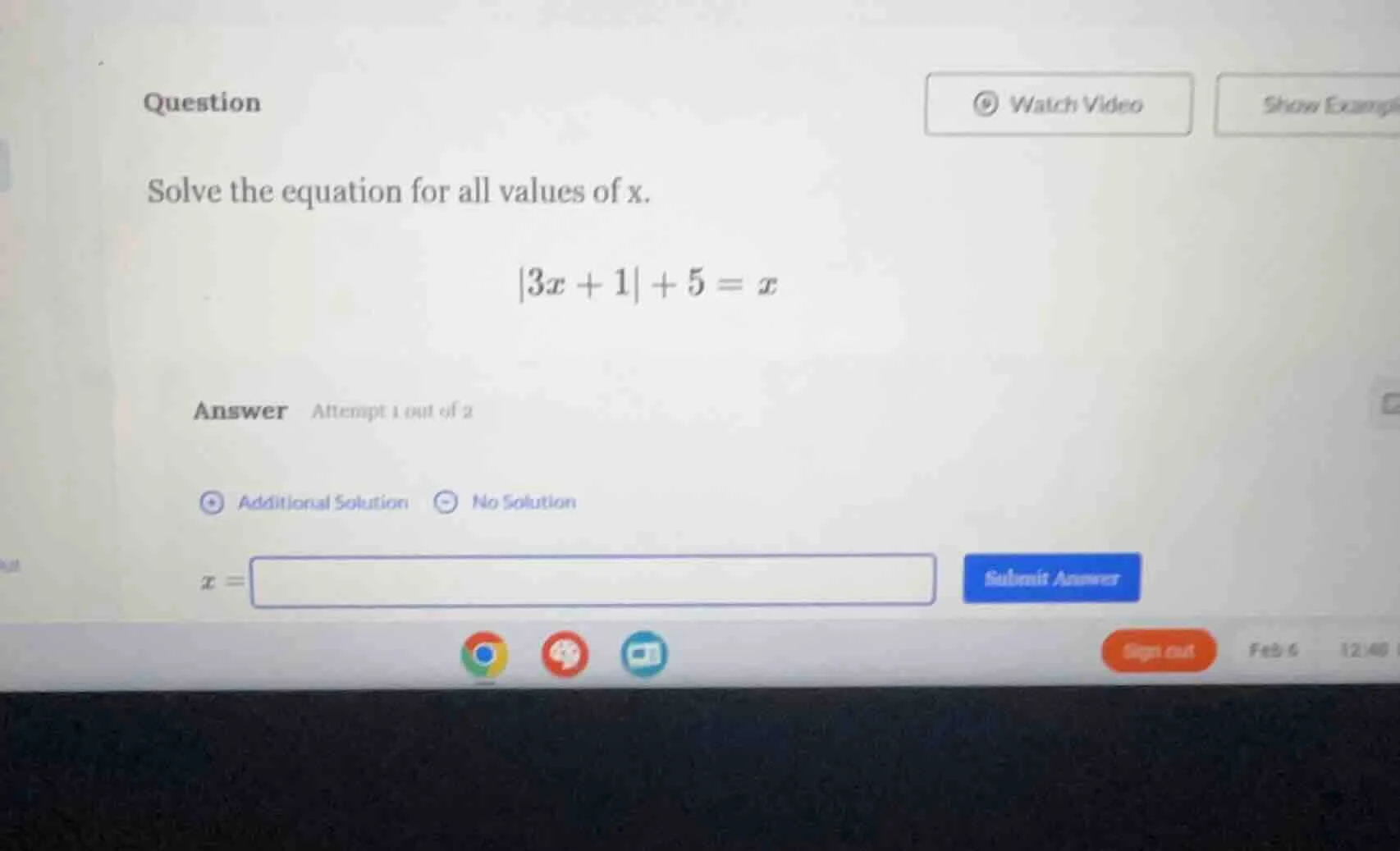 question solve the equation for all values of x. \\(|3x + 1| + 5 = x| a…