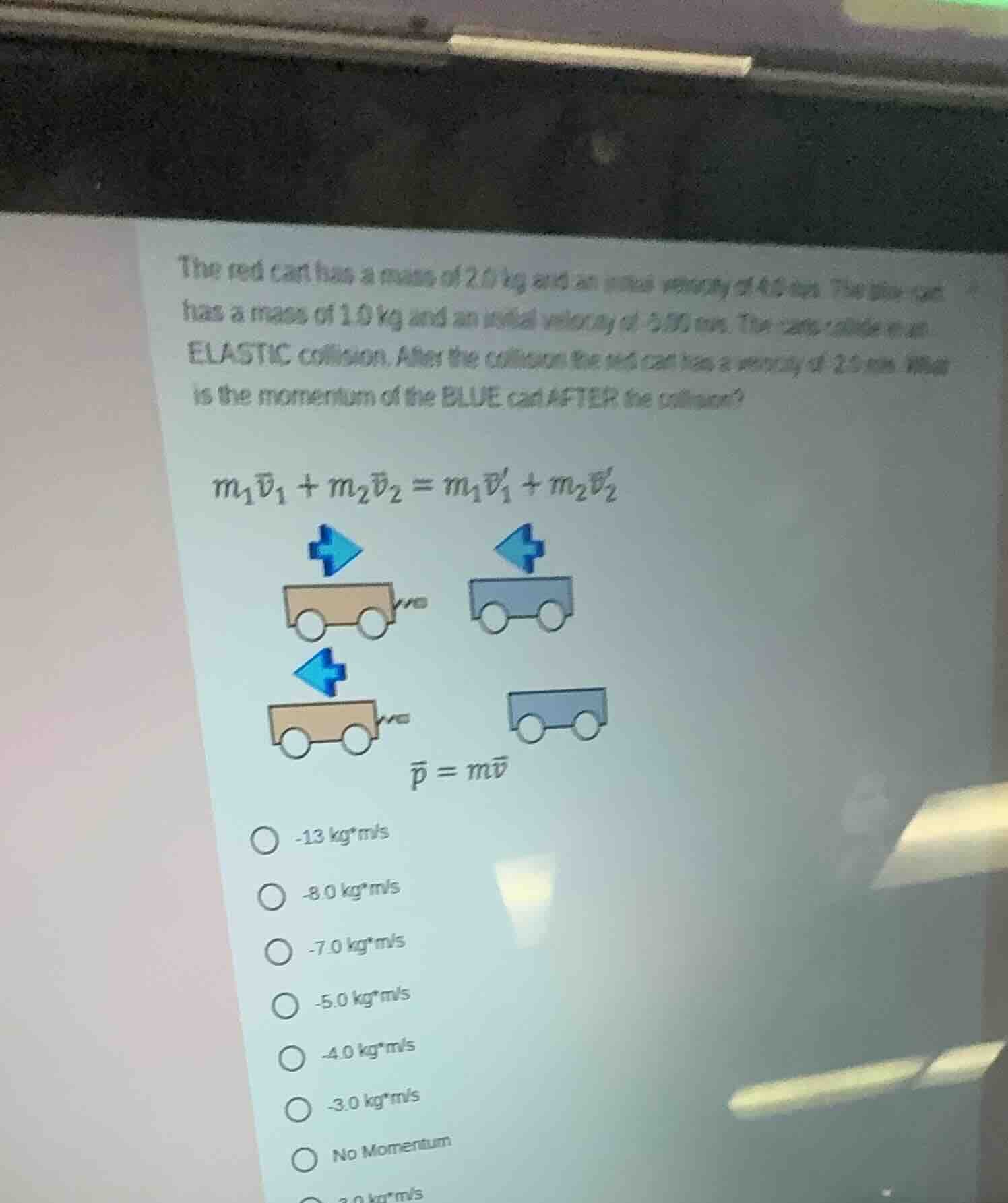 the red cart has a mass of 2.0 kg and an initial velocity of 4.0 m/s. t…
