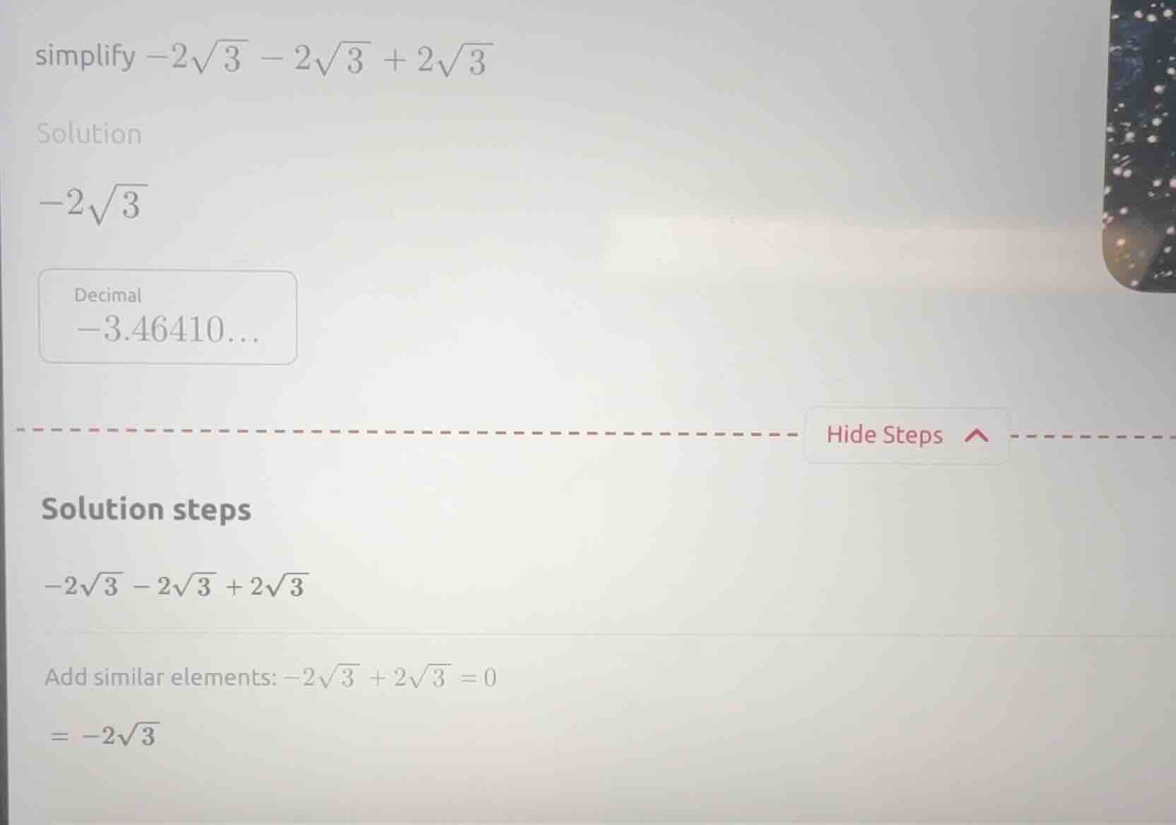 simplify $-2\\sqrt{3} - 2\\sqrt{3} + 2\\sqrt{3}$ solution $-2\\sqrt{3}$…