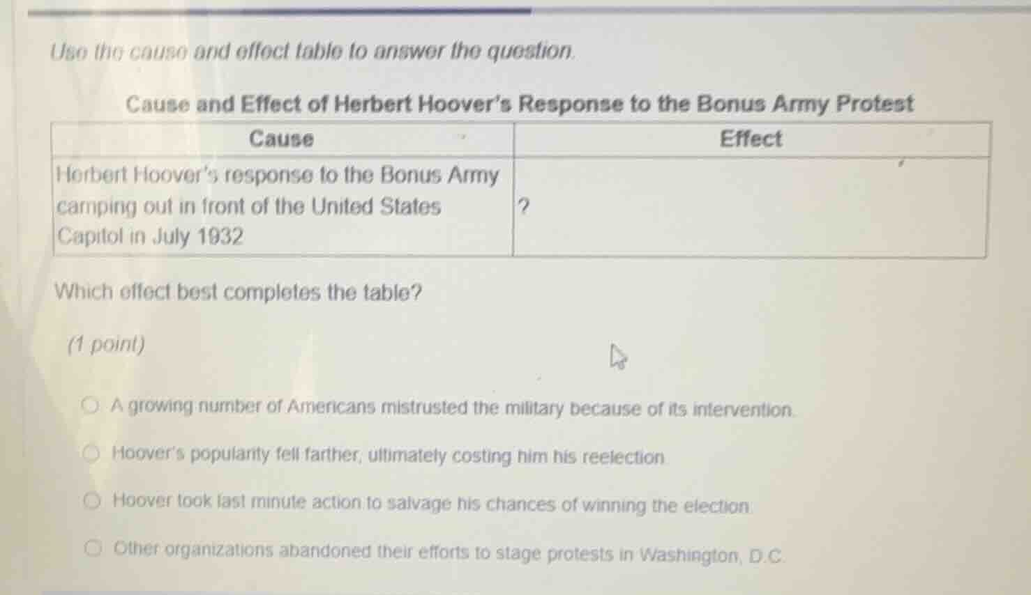 use the cause and effect table to answer the question. cause and effect…