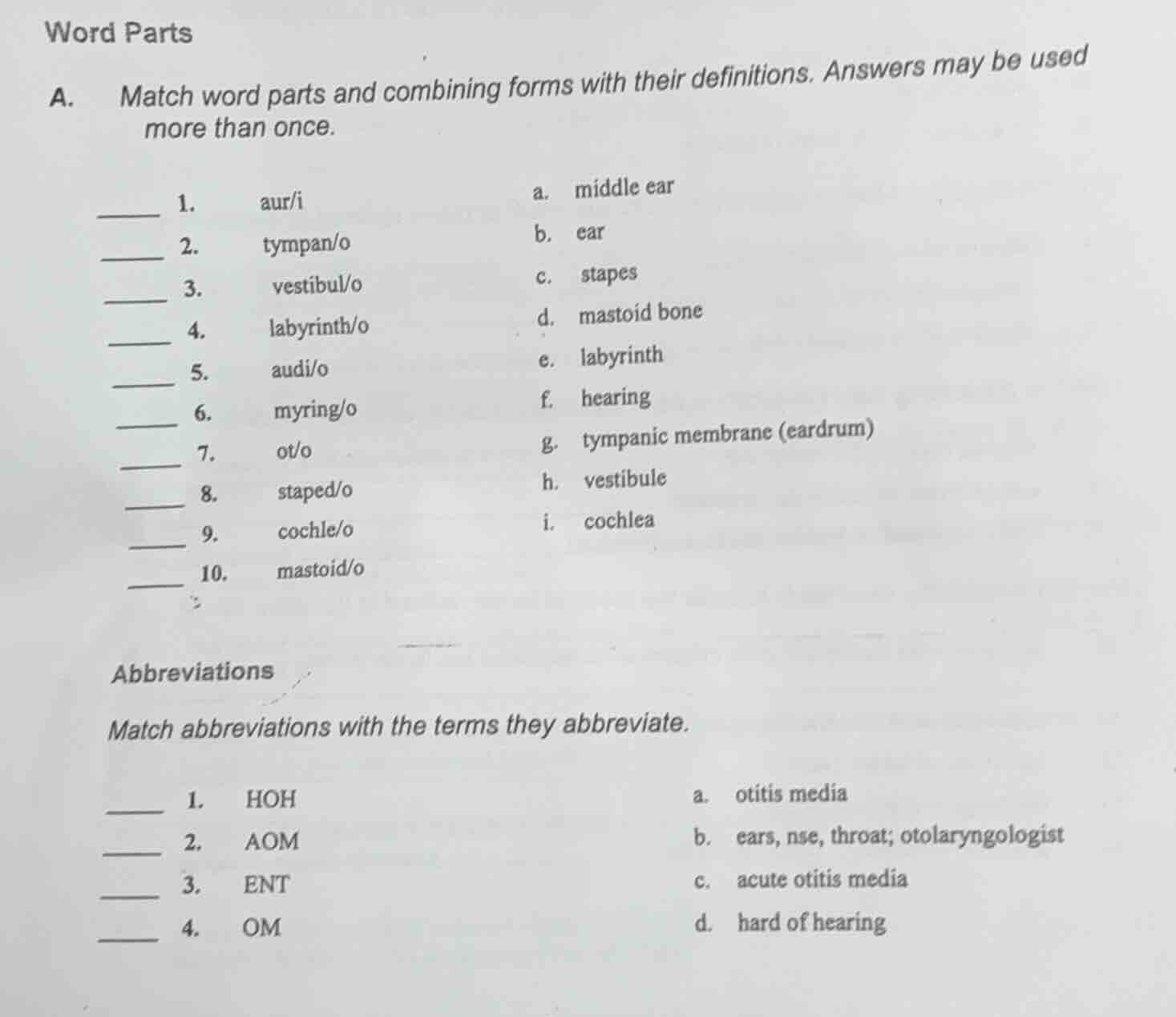 word parts a. match word parts and combining forms with their definitio…