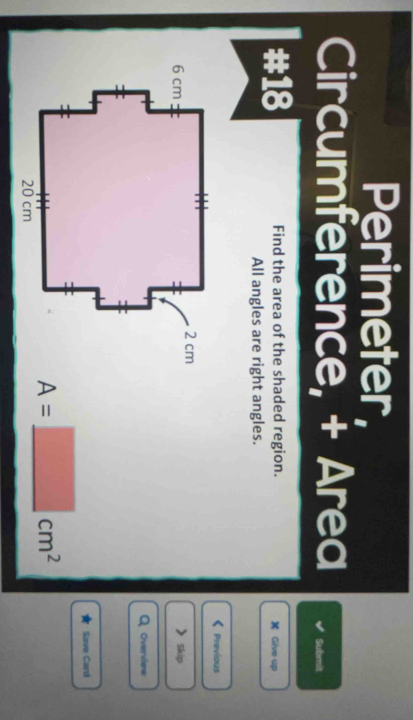 #18 find the area of the shaded region. all angles are right angles. 6 …