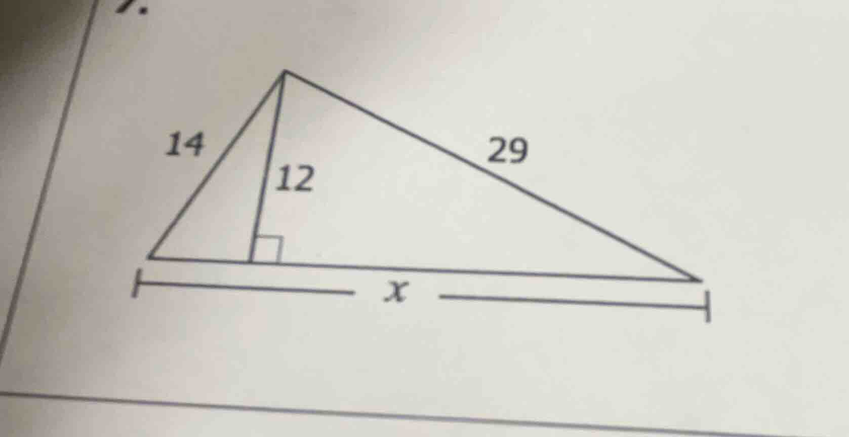 in the triangle, there is a height of 12, one side of the small right t…
