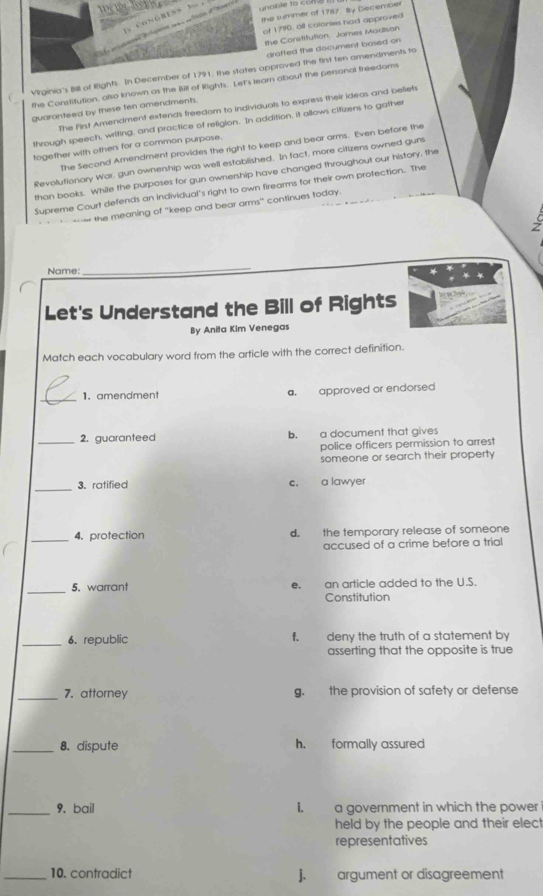 name: lets understand the bill of rights by anita kim venegas match eac…