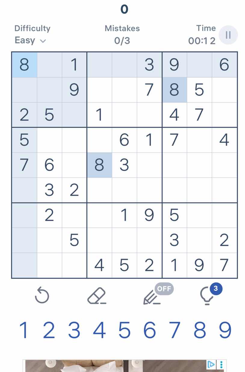 difficulty easy mistakes 0/3 time 00:12 8 1 3 9 6 9 7 8 5 2 5 1 4 7 5 6…