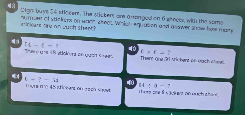 olga buys 54 stickers. the stickers are arranged on 6 sheets, with the …