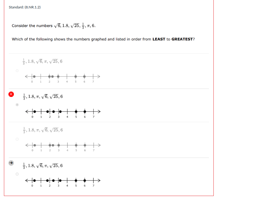 standard: (8.nr.1.2) consider the numbers \\(\\sqrt{6}, 1.8, \\sqrt{25}…