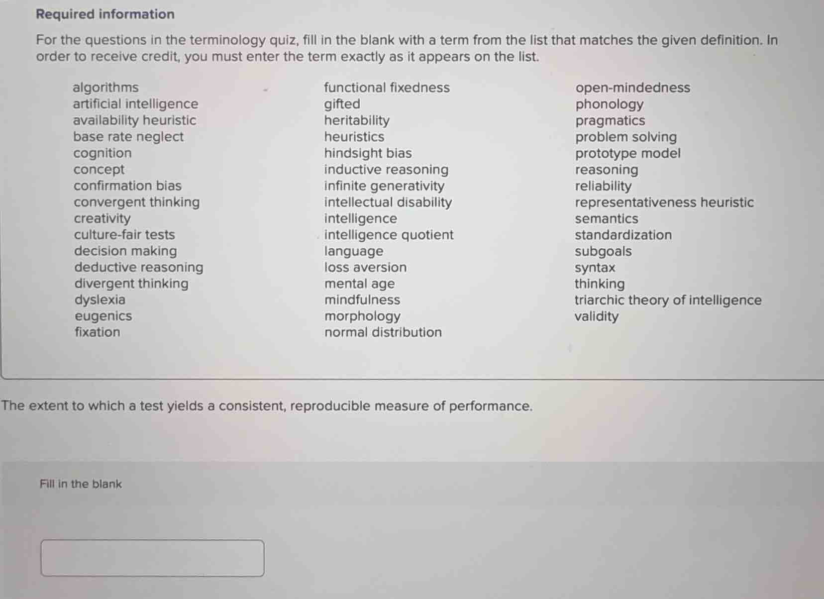 required information for the questions in the terminology quiz, fill in…