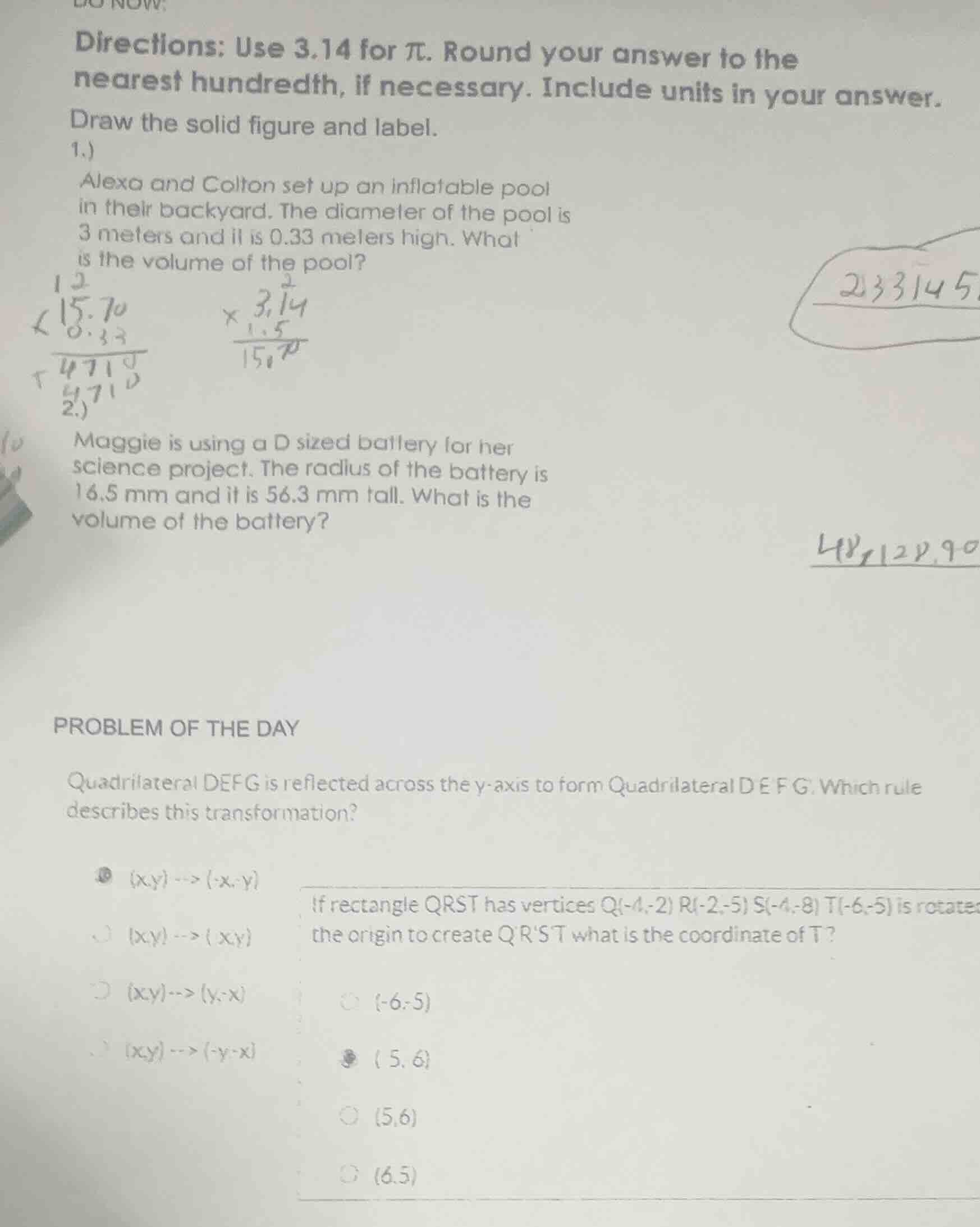 directions: use 3.14 for \\(\\pi\\). round your answer to the nearest h…
