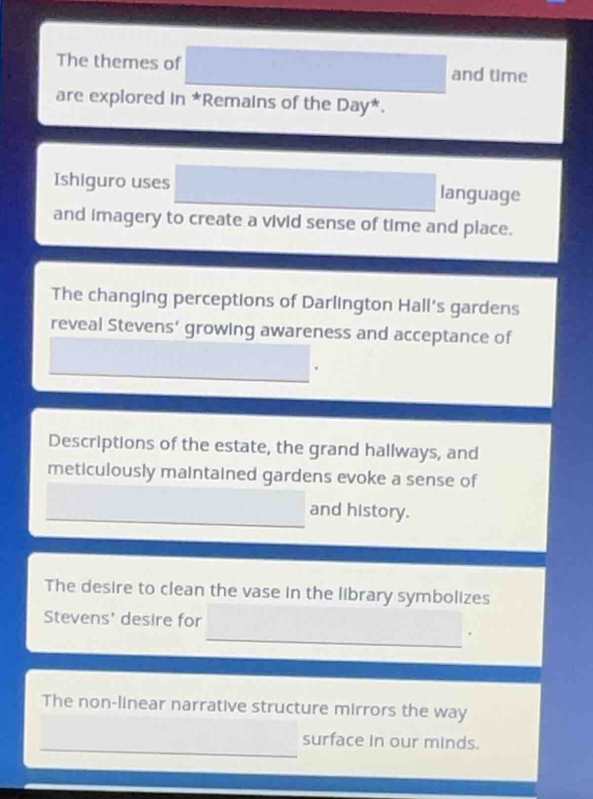 the themes of and time are explored in *remains of the day*. ishiguro u…