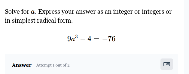 solve for ( a ). express your answer as an integer or integers or in si…