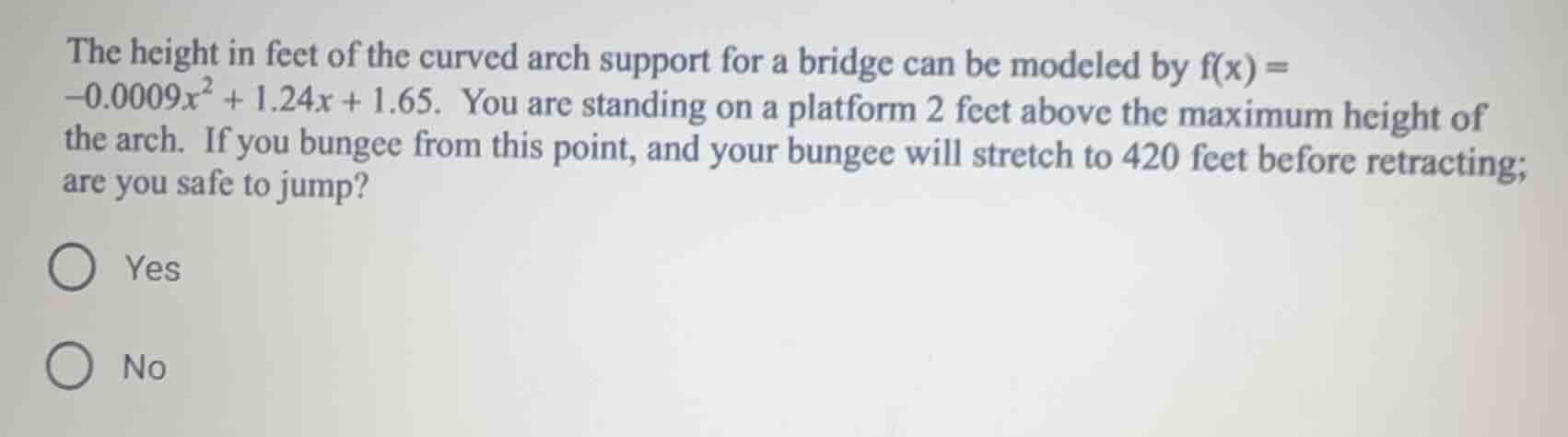 the height in feet of the curved arch support for a bridge can be model…