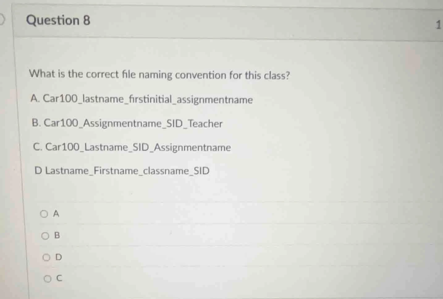 question 8 what is the correct file naming convention for this class? a…