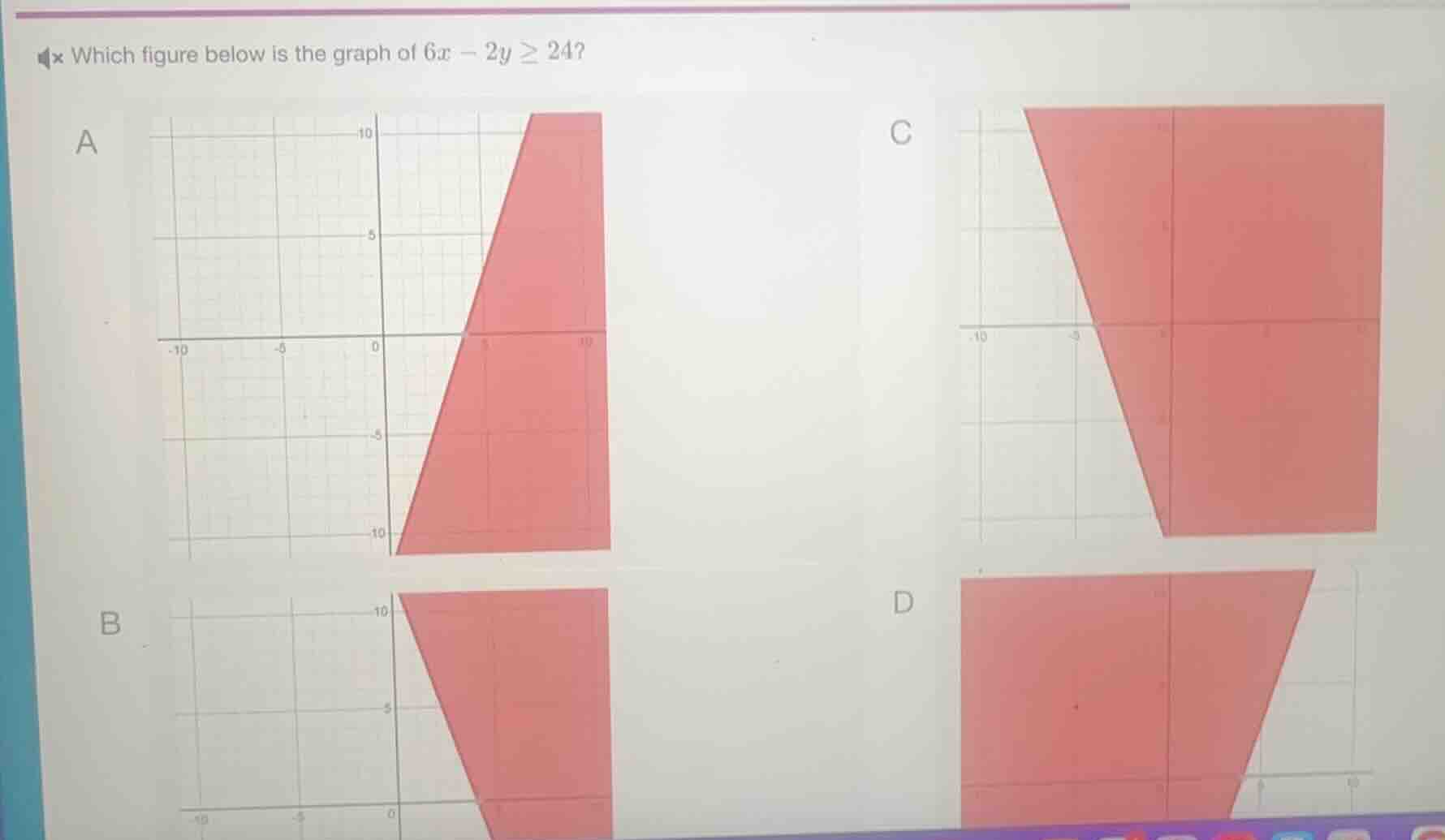 which figure below is the graph of $6x - 2y \\geq 24$? a graph, b graph…