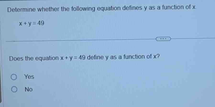 determine whether the following equation defines y as a function of x. …