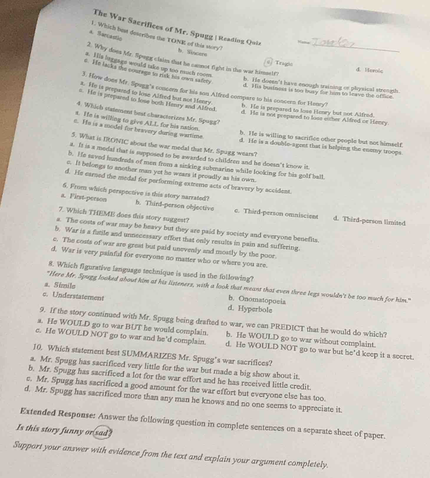 the war sacrifices of mr. spugg | reading quiz 1. which best describes …