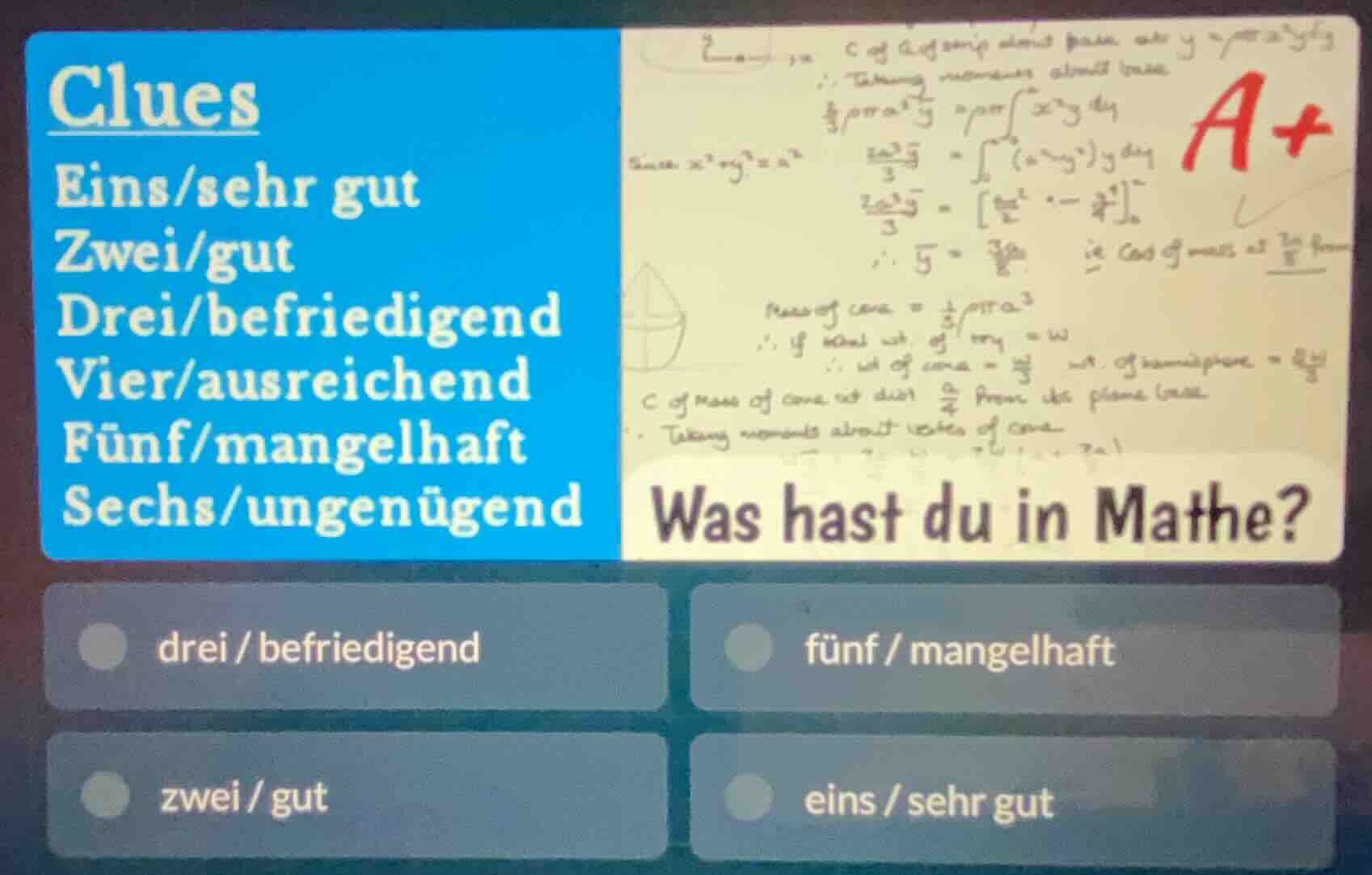 clues eins/sehr gut zwei/gut drei/befriedigend vier/ausreichend fünf/ma…
