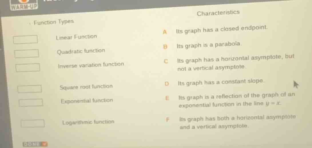 warm-up function types characteristics linear function a its graph has …