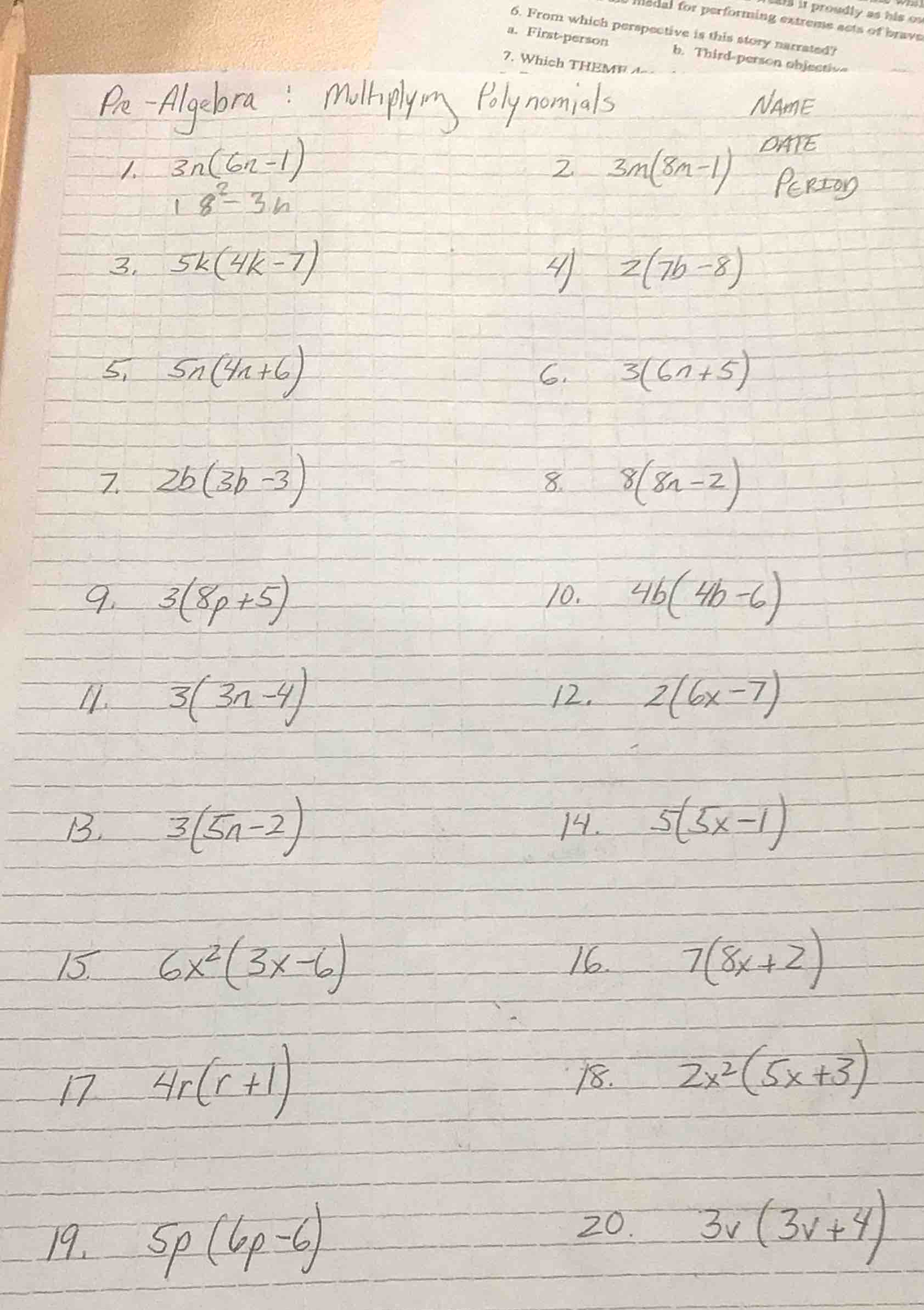 pre - algebra : multiplying polynomials name date period 1. $3n(6n - 1)…