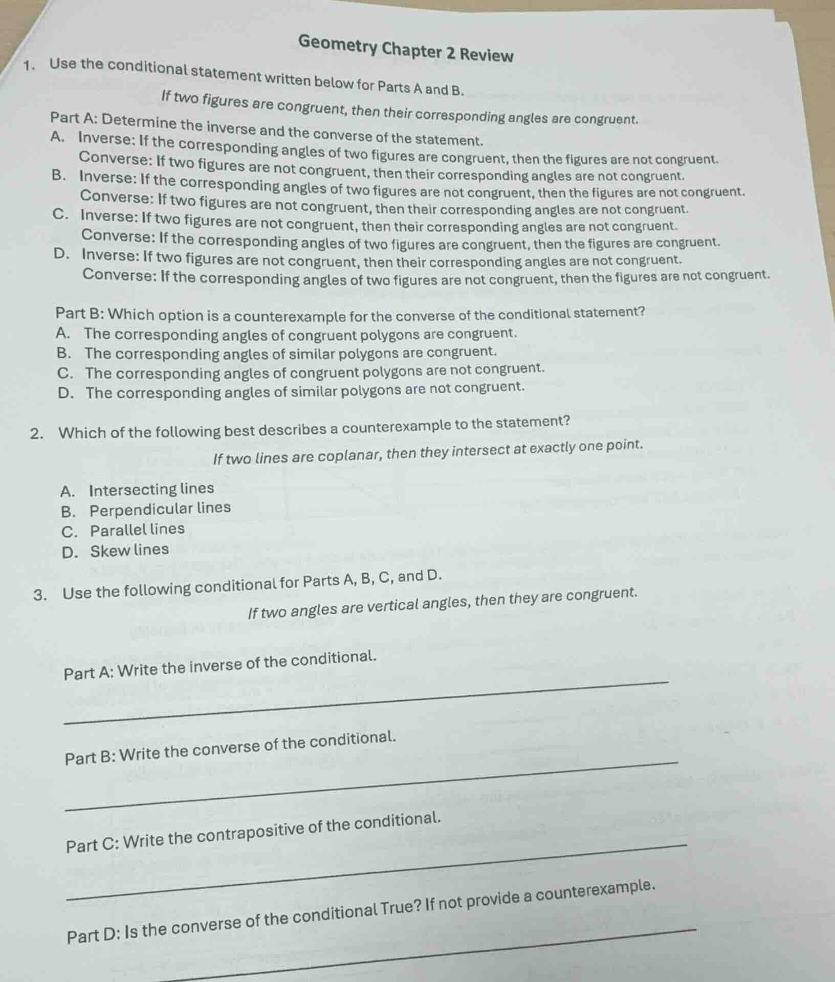 geometry chapter 2 review 1. use the conditional statement written belo…