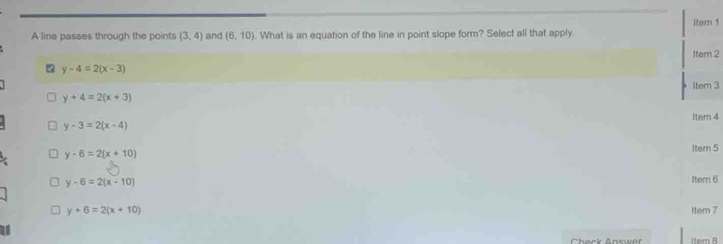 a line passes through the points (3, 4) and (6, 10). what is an equatio…