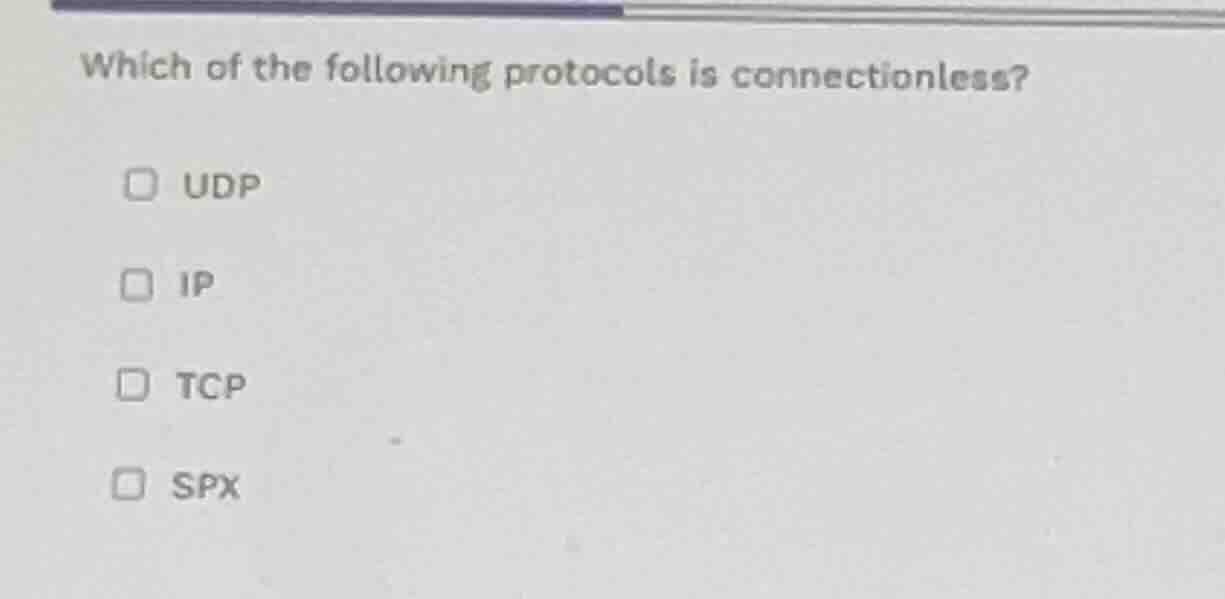 which of the following protocols is connectionless? udp ip tcp spx