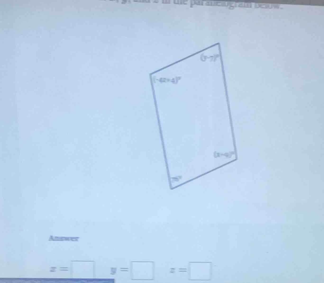 find x, y, and z in the parallelogram below. the parallelogram has angl…