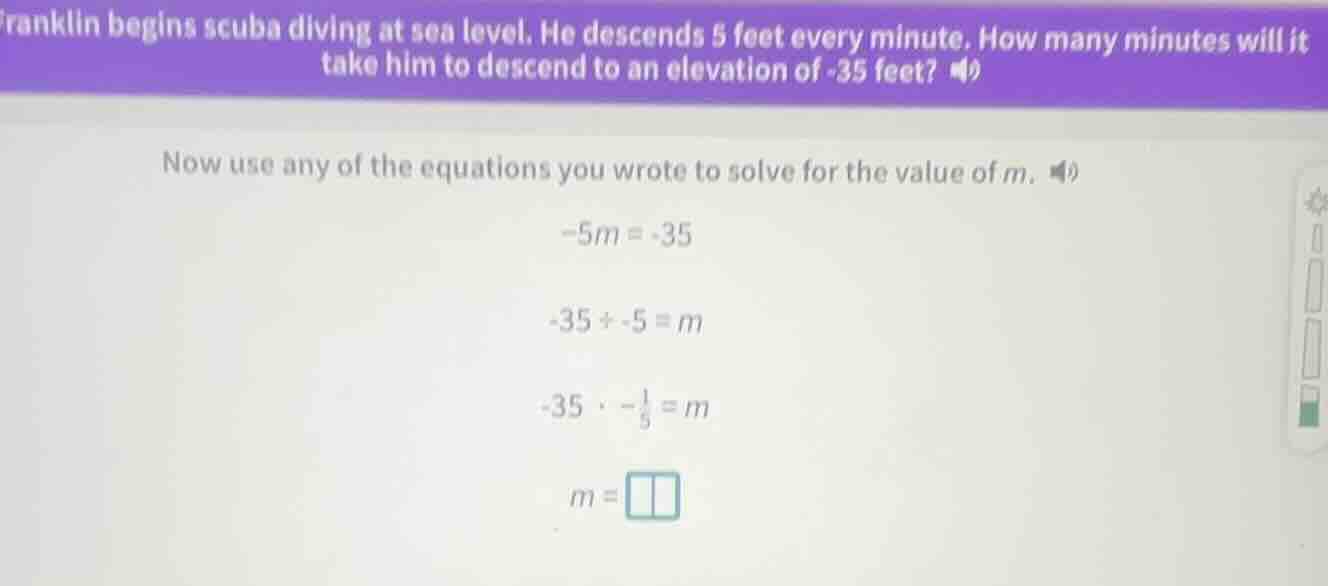 franklin begins scuba diving at sea level. he descends 5 feet every min…