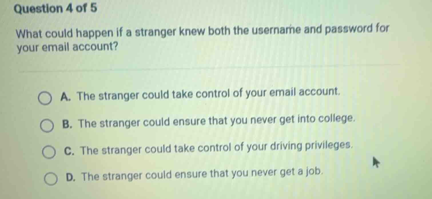 question 4 of 5 what could happen if a stranger knew both the username …