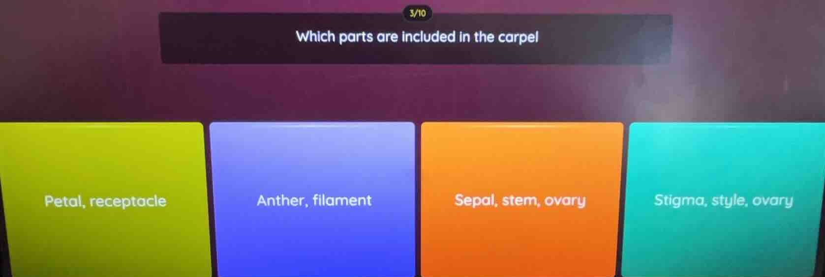 which parts are included in the carpel petal, receptacle anther, filame…