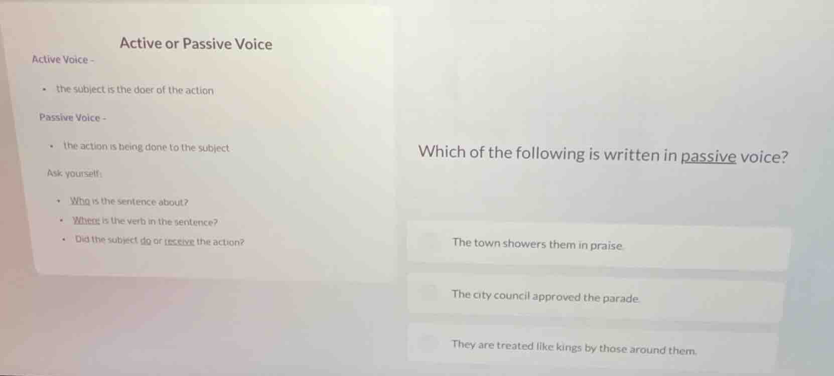 active or passive voice active voice - - the subject is the doer of the…