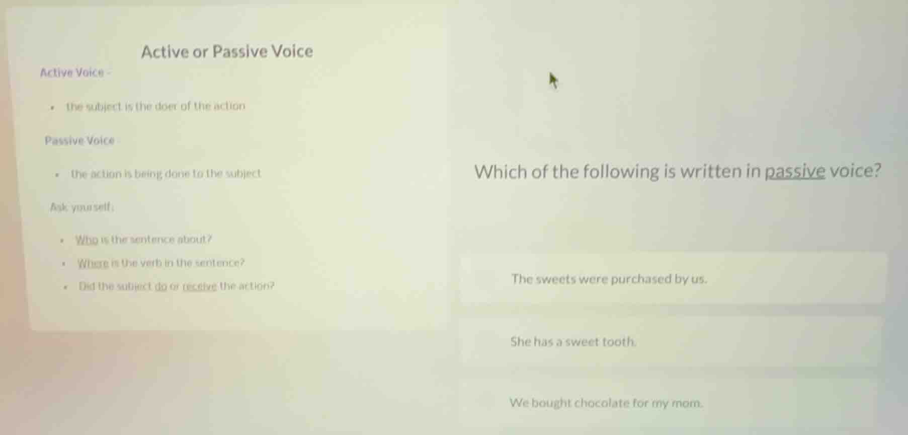 active or passive voice active voice - the subject is the doer of the a…